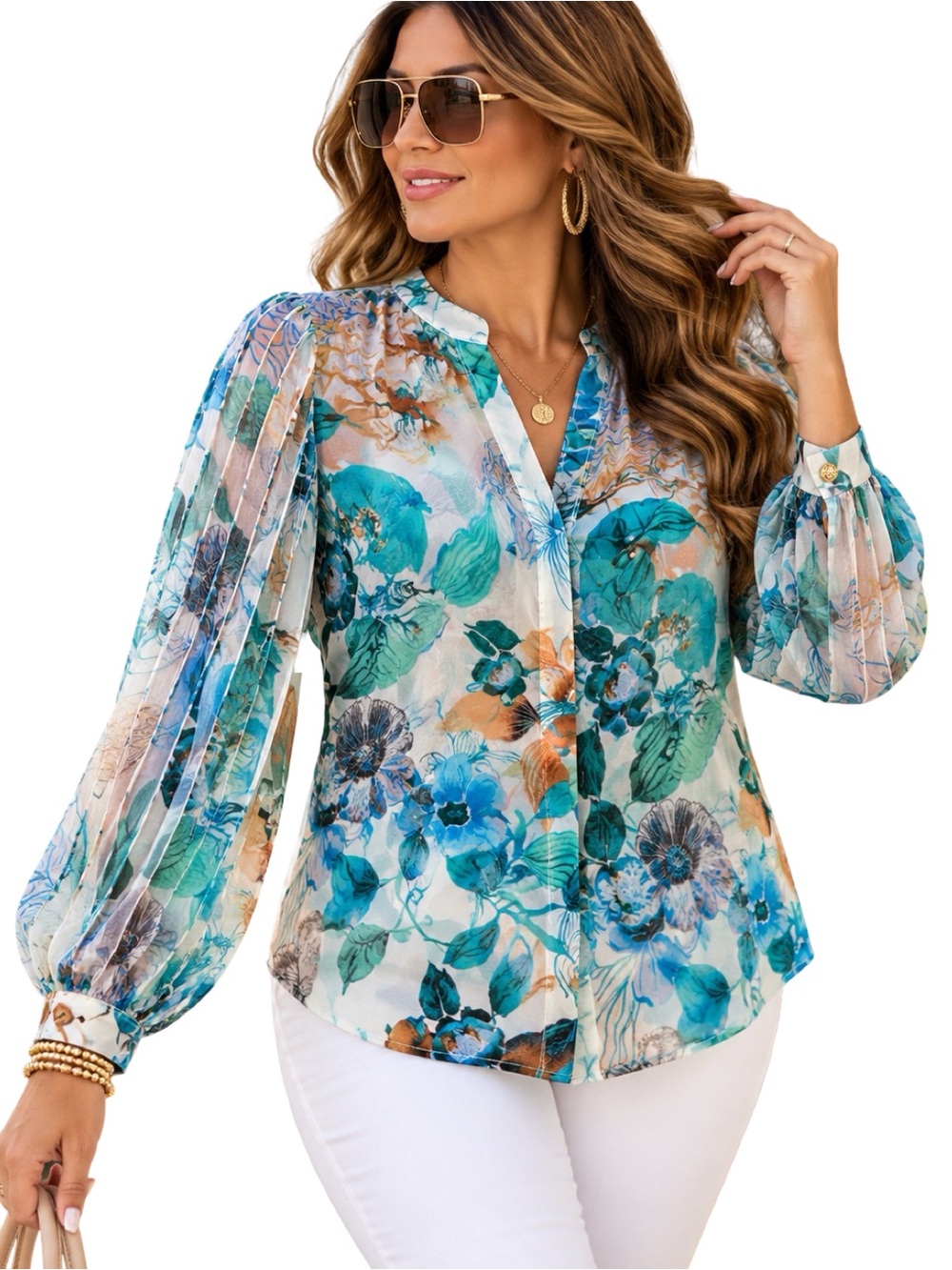 Chico’s Billow Sleeve Floral Blouse Paradiso Blue Size 0 US 4 NWT